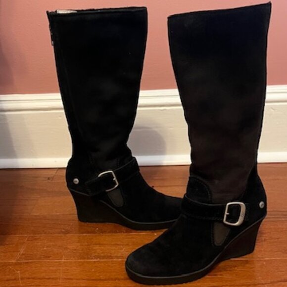 UGG Black Suede Mid-Calf Wedge Boots - Picture 5 of 16